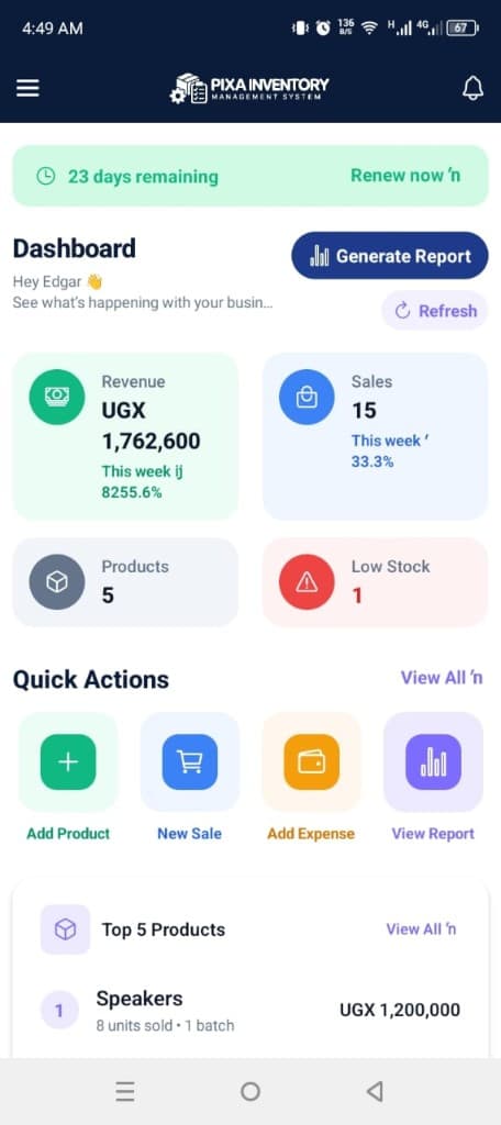 Pixa mobile app dashboard