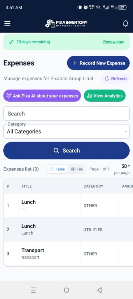 Expense tracking in the Pixa mobile app