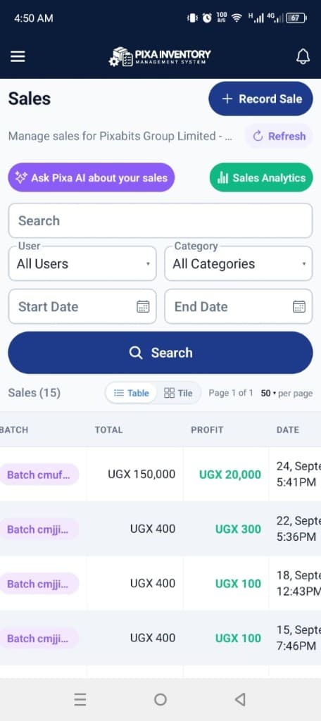 Recording a sale in the Pixa mobile app