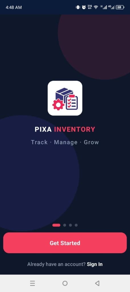 Pixa Inventory mobile app welcome screen
